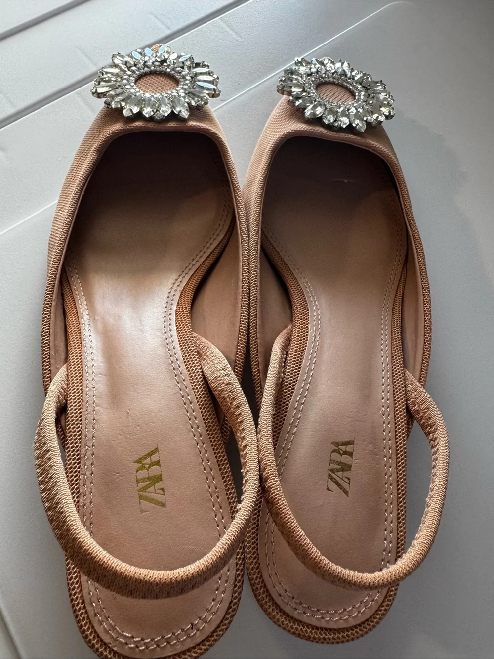 Zara Embellished Slingback with kitten heels in Tan